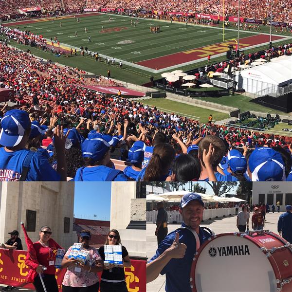 Collage of Magnolia Band at USC featuring a man with a big drum